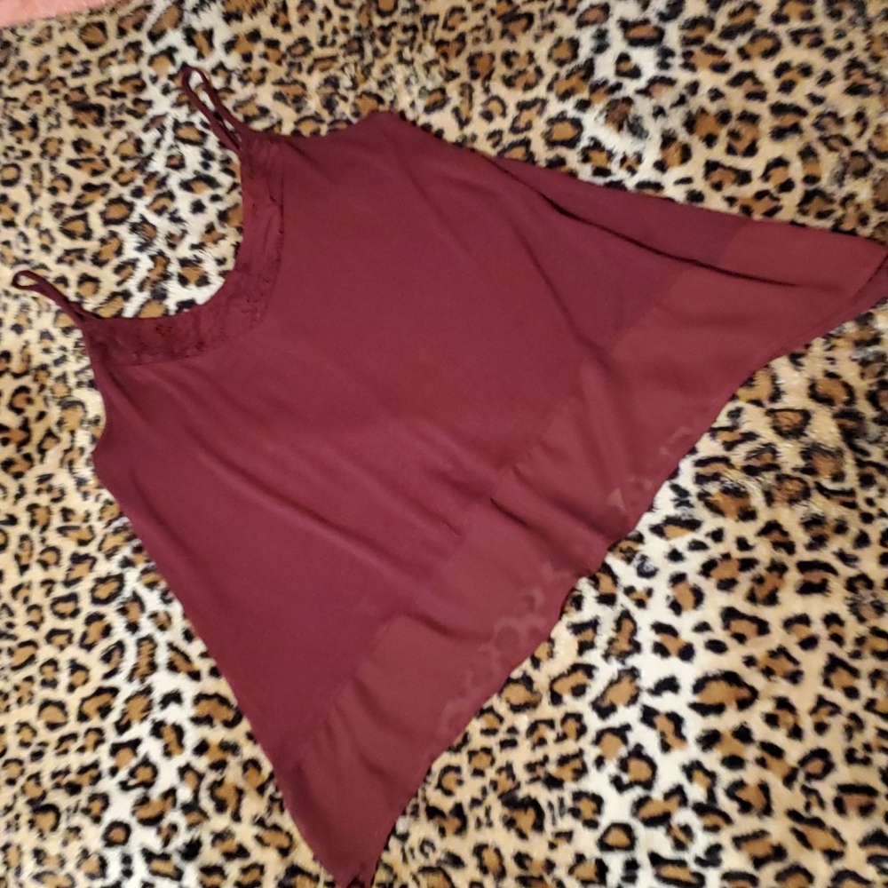 Mason MacKenzie Maroon spaghetti strap shirt with lace top & sheer bottom